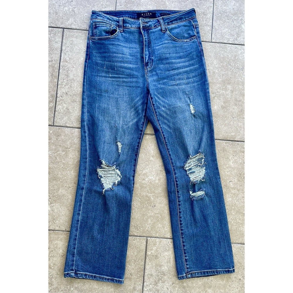 Risen Distressed Jeans Womens Size 13 31 Straight Leg Medium Wash High Rise